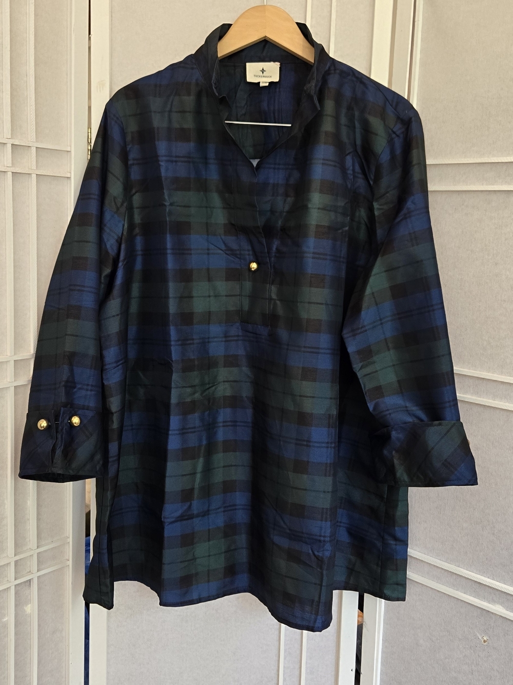 Tuckernuck Navy and Green Plaid Silky Tunic